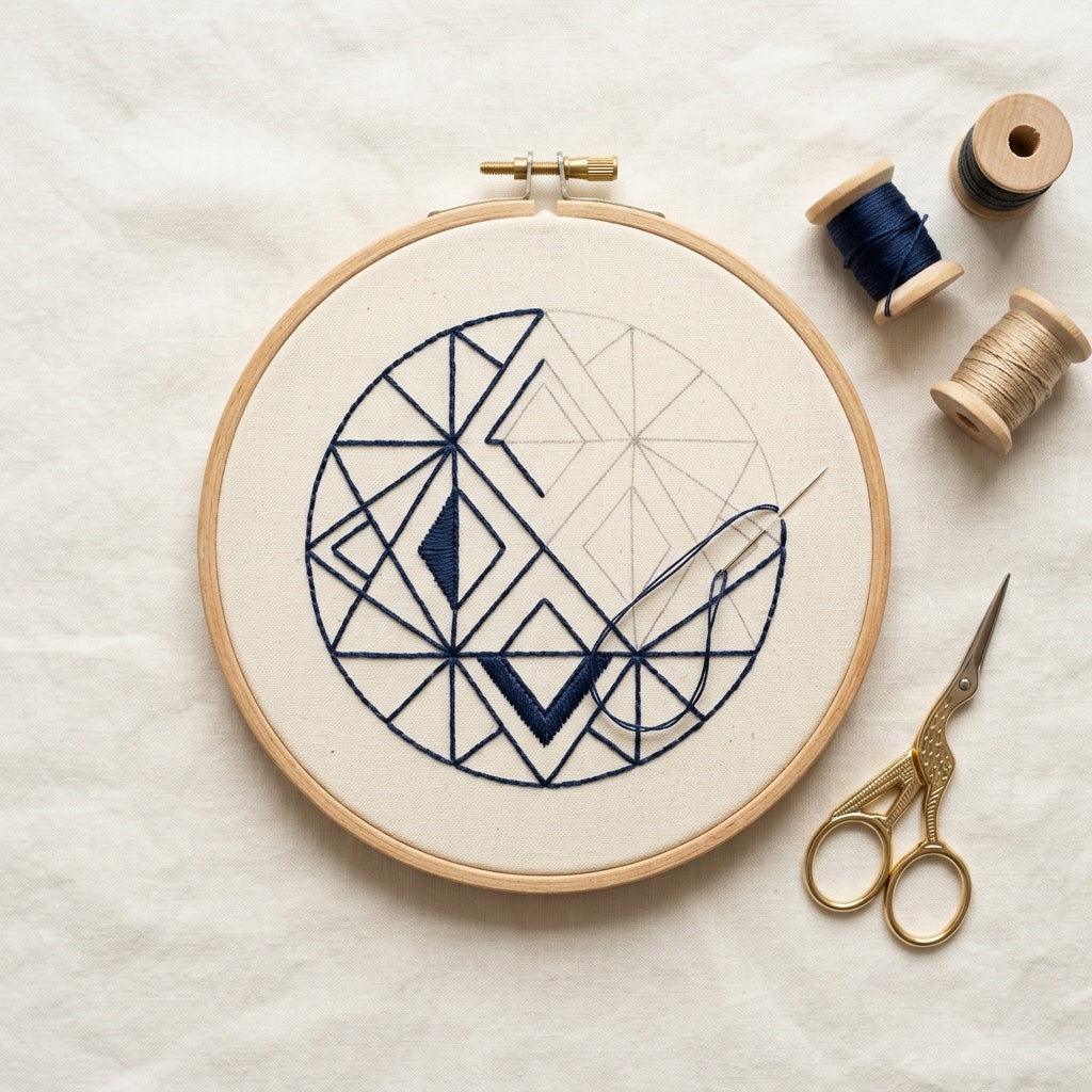 Embroidery hoop with design in progress