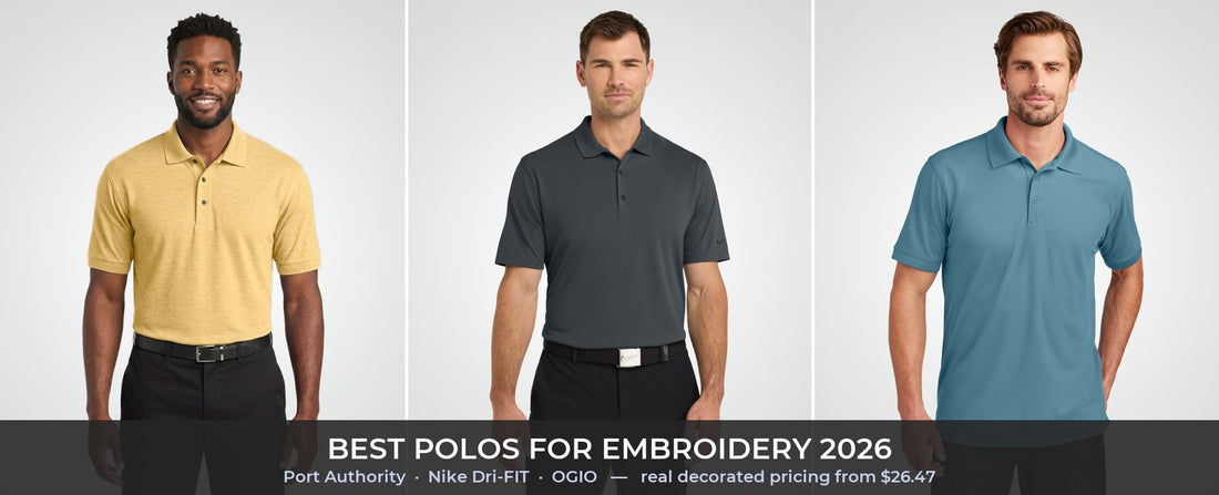 Best polos for embroidery 2026 — Port Authority K500, Nike Dri-FIT NKDC1963, OGIO OG101 compared with decorated pricing
