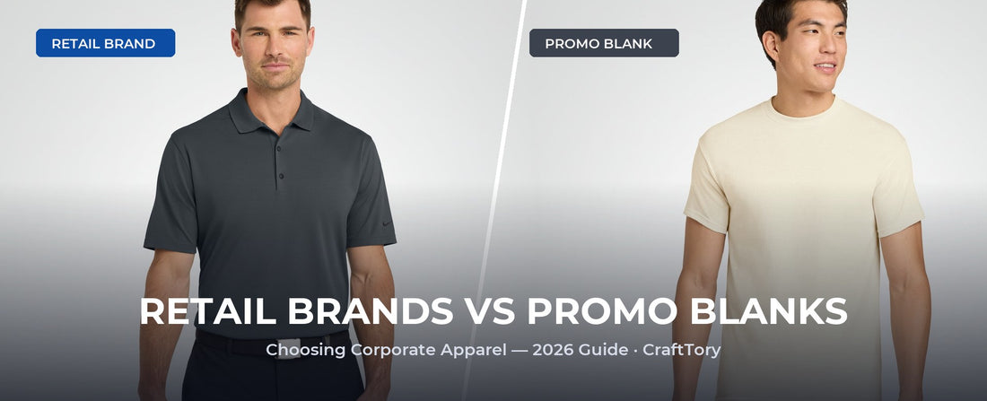 Retail brand Nike polo vs promo blank Gildan tee — corporate apparel comparison 2026