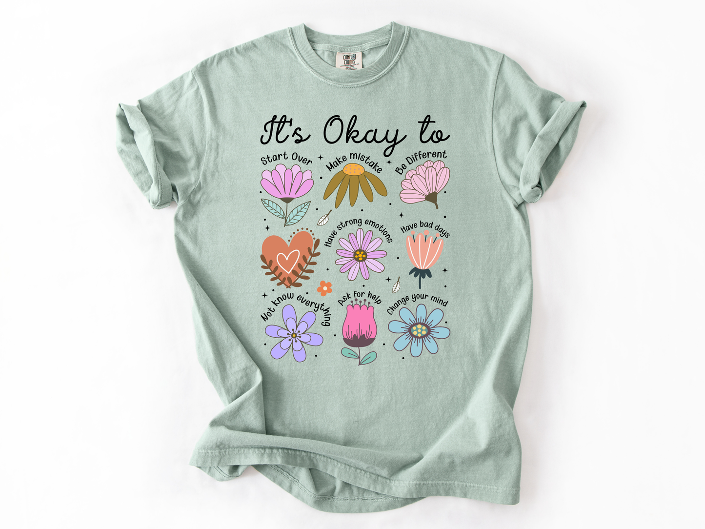 It’s Okay To Boho Flower Shirt | Comfort Colors Mental Health T-Shirt | Positive Affirmation Tee | Retro Floral Self Love Gift