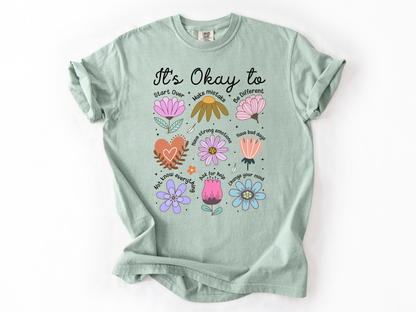 It’s Okay To Boho Flower Shirt | Comfort Colors Mental Health T-Shirt | Positive Affirmation Tee | Retro Floral Self Love Gift