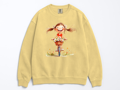 Happy Girl Sweatshirt | Daisy Crewneck Sweater | Vintage Floral Pullover | Cute Bike Girl Top | Cozy Boho Positive Vibes