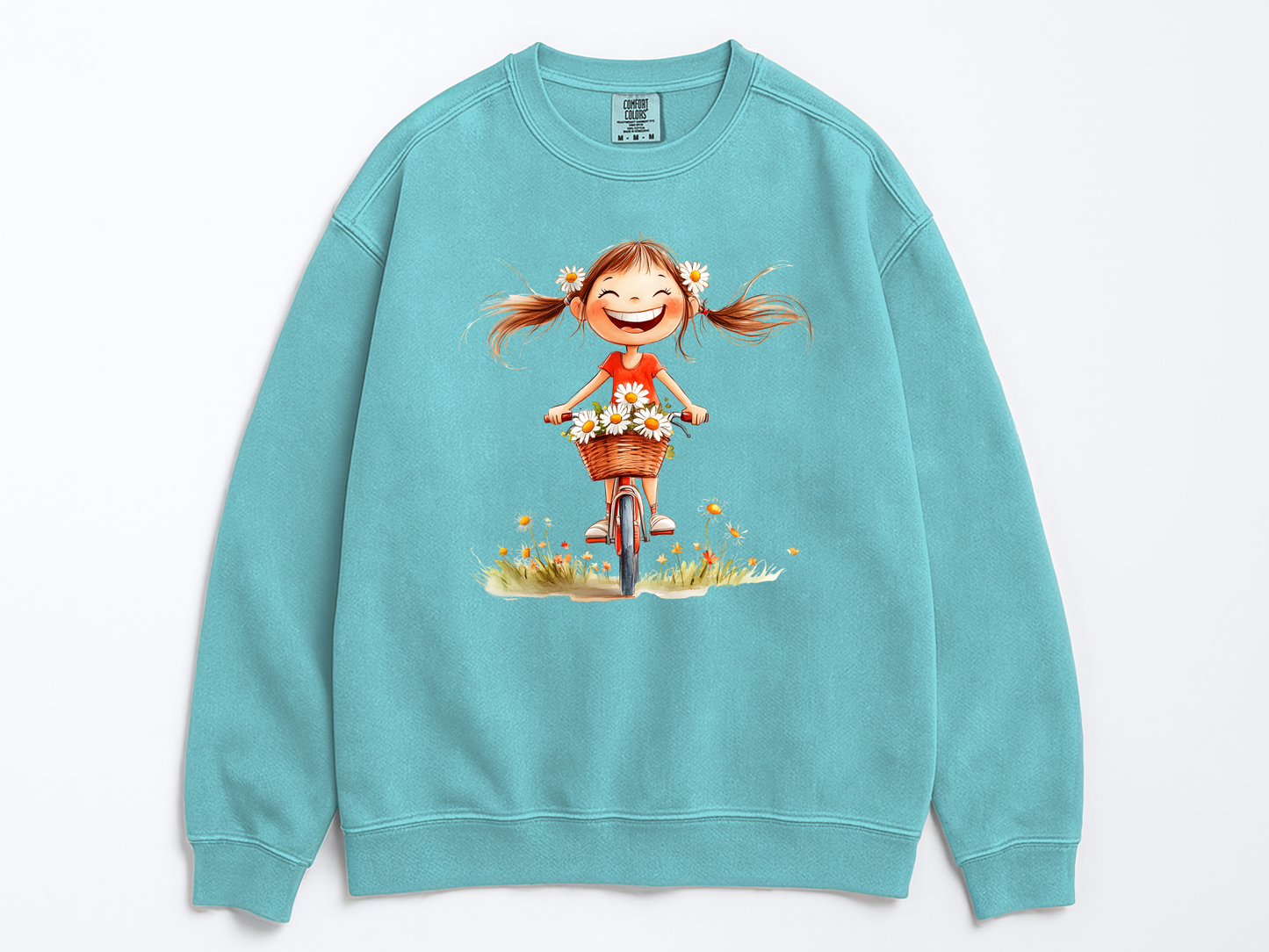 Happy Girl Sweatshirt | Daisy Crewneck Sweater | Vintage Floral Pullover | Cute Bike Girl Top | Cozy Boho Positive Vibes