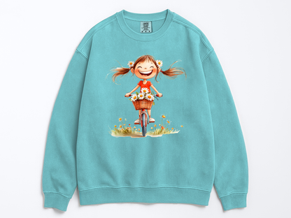 Happy Girl Sweatshirt | Daisy Crewneck Sweater | Vintage Floral Pullover | Cute Bike Girl Top | Cozy Boho Positive Vibes