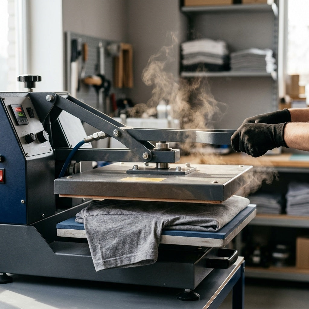 Professional heat press applying DTF transfer to fabric
