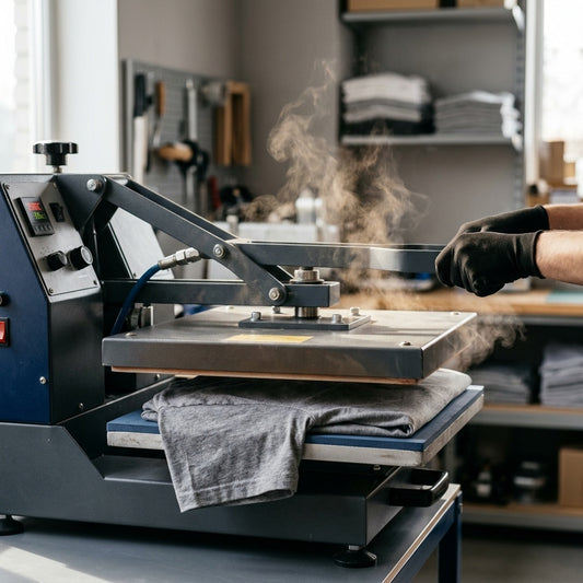 Professional heat press applying DTF transfer to fabric