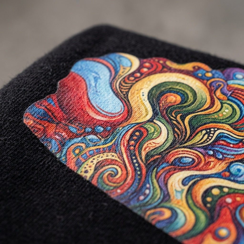 Vivid full-color DTF print close-up on cotton