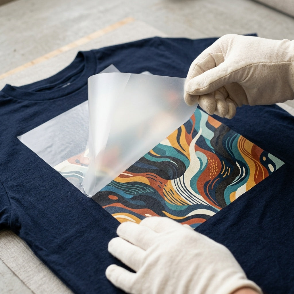 DTF transfer film peeled back revealing vibrant print
