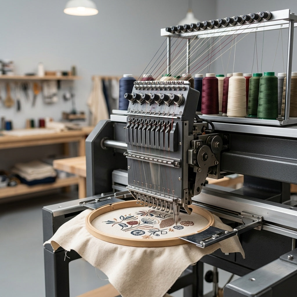 Industrial multi-needle embroidery machine in operation