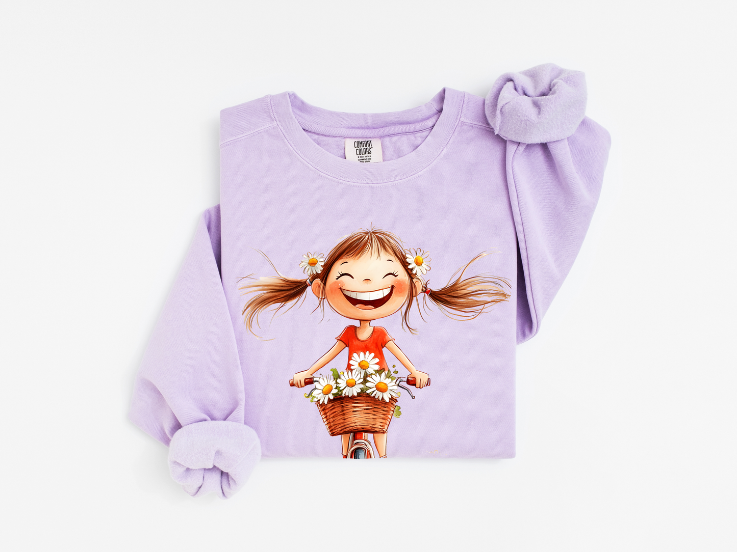 Happy Girl Sweatshirt | Daisy Crewneck Sweater | Vintage Floral Pullover | Cute Bike Girl Top | Cozy Boho Positive Vibes