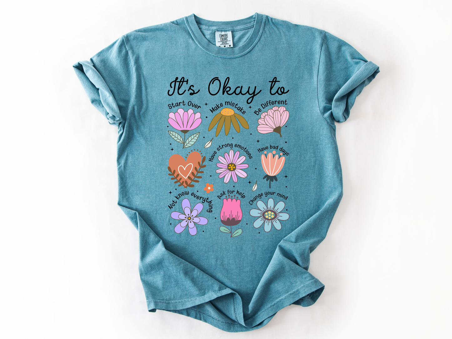 It’s Okay To Boho Flower Shirt | Comfort Colors Mental Health T-Shirt | Positive Affirmation Tee | Retro Floral Self Love Gift