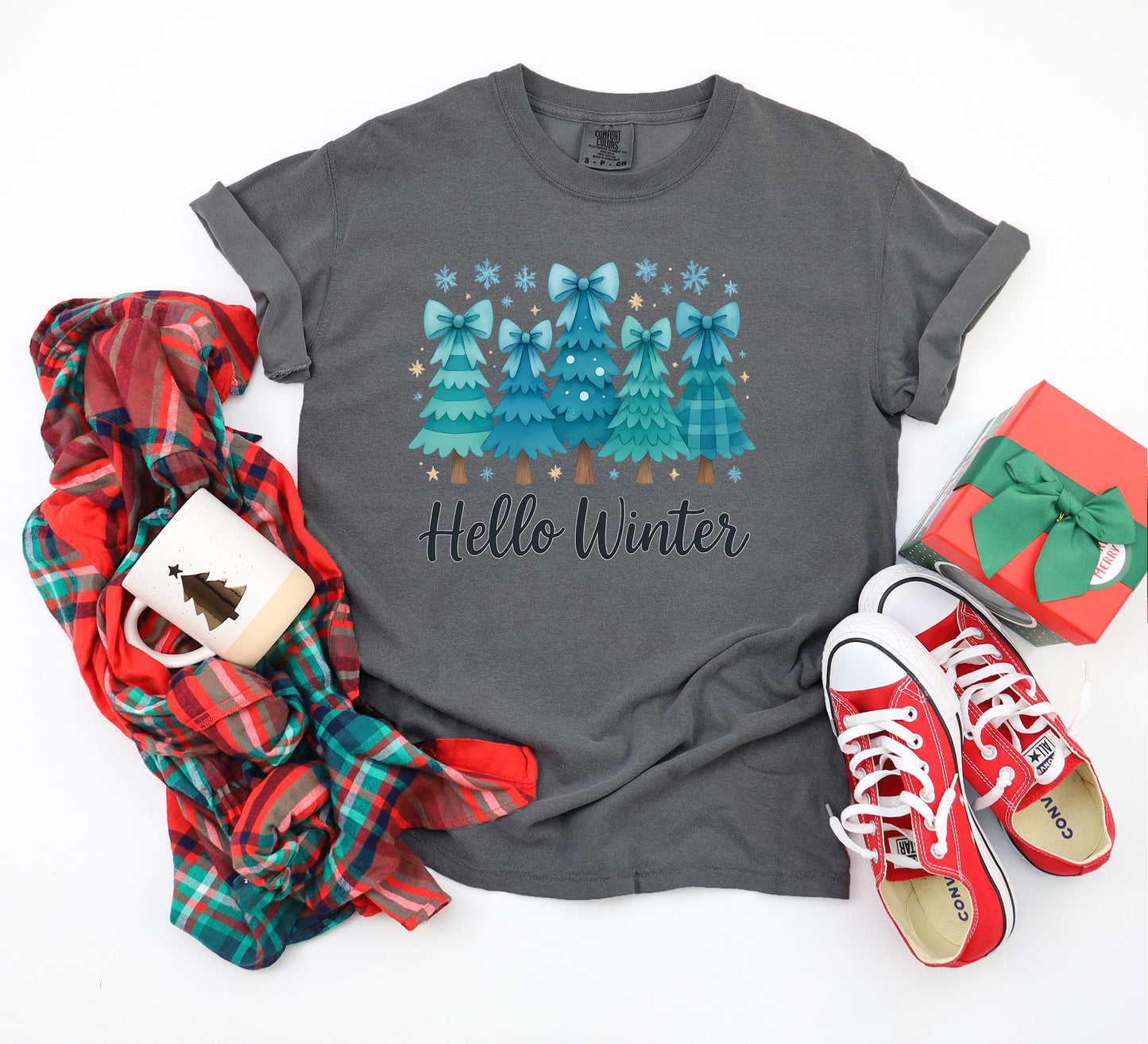 Hello Winter Christmas Tree T-Shirt: Snowflakes Graphic Tee