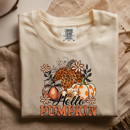 Hello Pumpkin Shirt: Retro Leopard Print Fall Graphic Tee