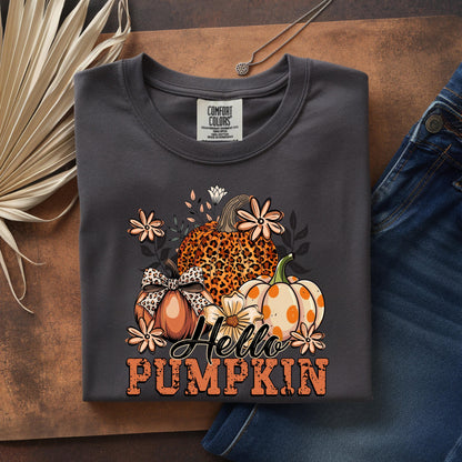 Hello Pumpkin Shirt: Retro Leopard Print Fall Graphic Tee