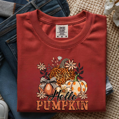 Hello Pumpkin Shirt: Retro Leopard Print Fall Graphic Tee