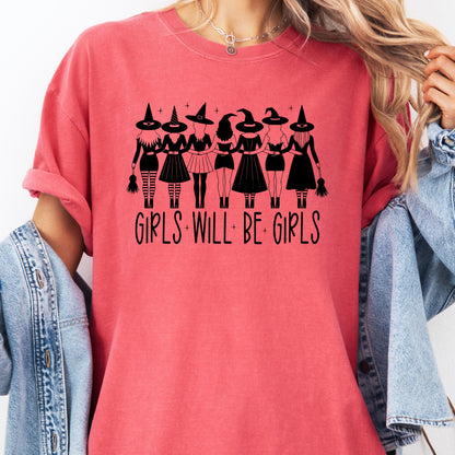 Girls Will Be Girls Halloween Shirt: Comfort Colors Witch Graphic Tee