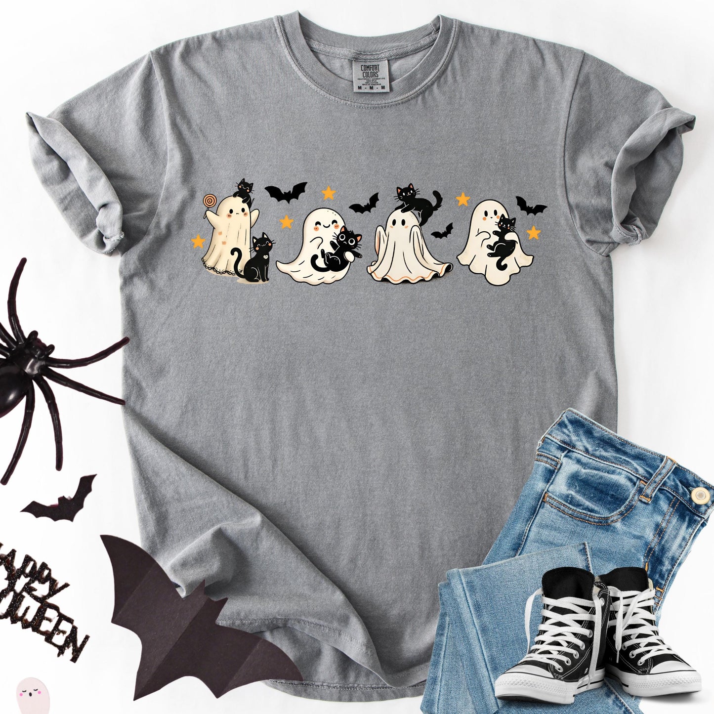 Comfort Colors Halloween Shirt, Halloween Ghost Cat Shirt, Black Cat Spooky Shirt, Ghost Shirt, Cute Ghost Boo Fall Pumpkin Costume Tshirt