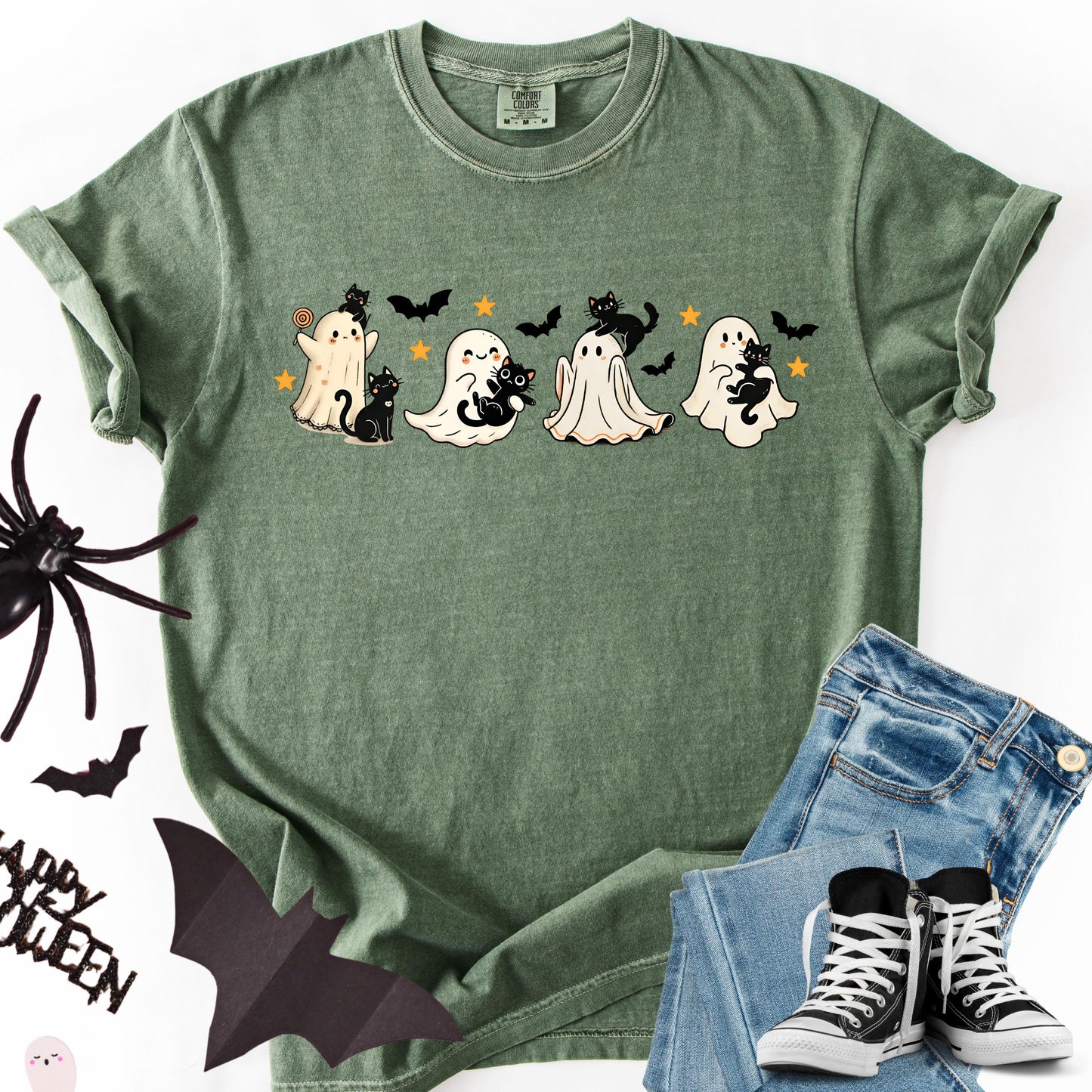 Comfort Colors Halloween Shirt, Halloween Ghost Cat Shirt, Black Cat Spooky Shirt, Ghost Shirt, Cute Ghost Boo Fall Pumpkin Costume Tshirt