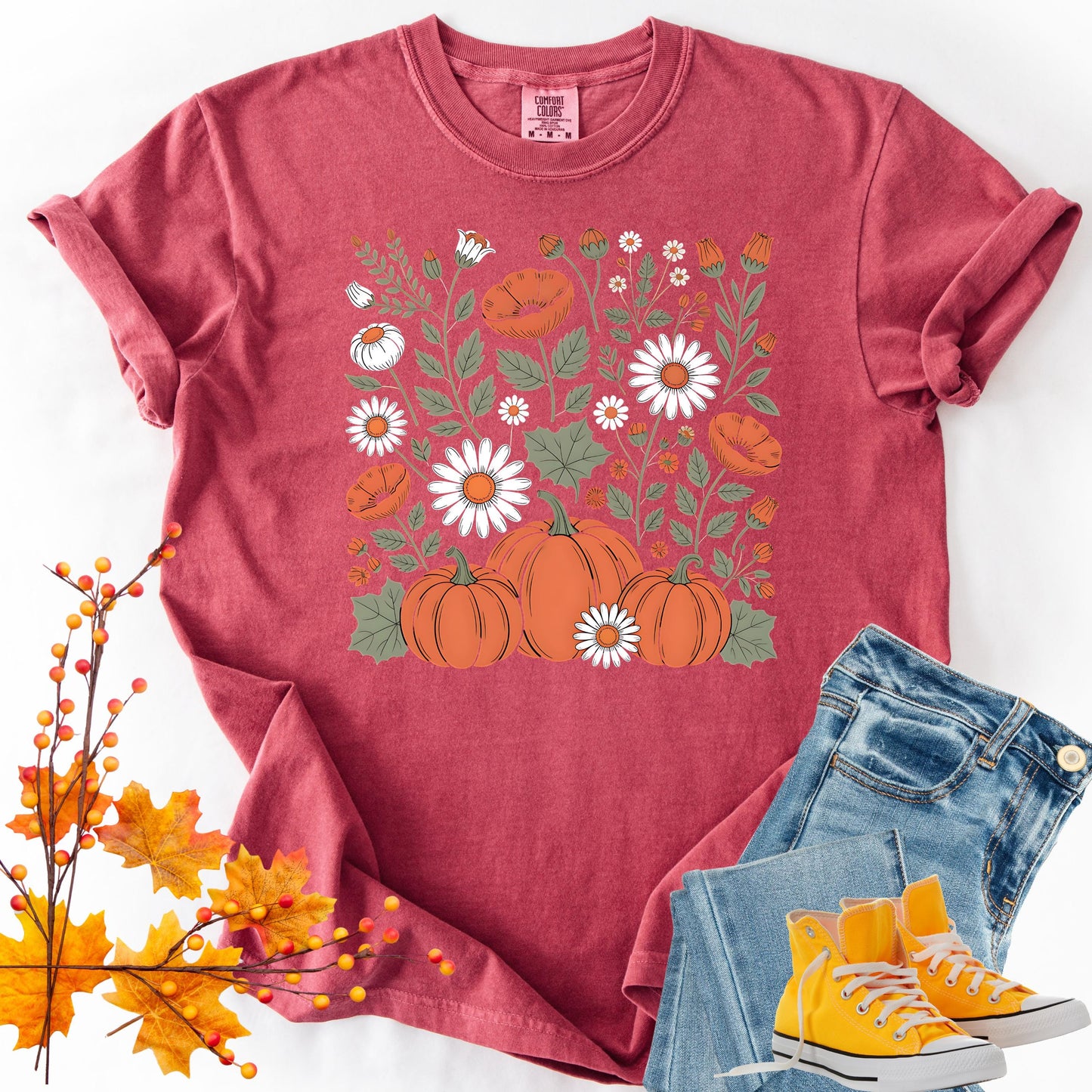 Comfort Colors Boho Floral Pumpkin Fall Shirt: Retro Autumn Graphic Tee