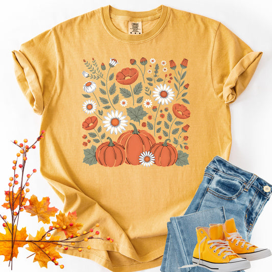 Comfort Colors Boho Floral Pumpkin Fall Shirt: Retro Autumn Graphic Tee