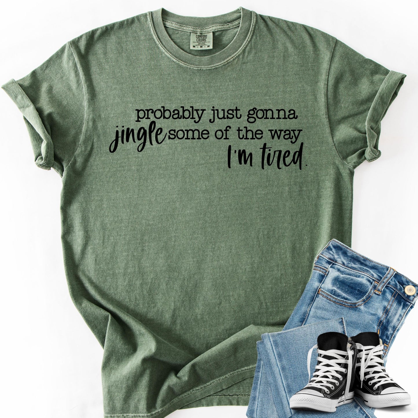 Funny Christmas Sweatshirt: Jingle Tired Holiday Saying, Soft Cotton Tee