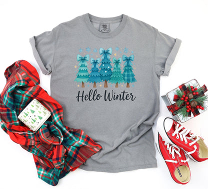 Hello Winter Christmas Tree T-Shirt: Snowflakes Graphic Tee