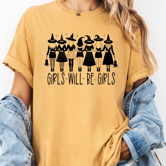 Girls Will Be Girls Halloween Shirt: Comfort Colors Witch Graphic Tee