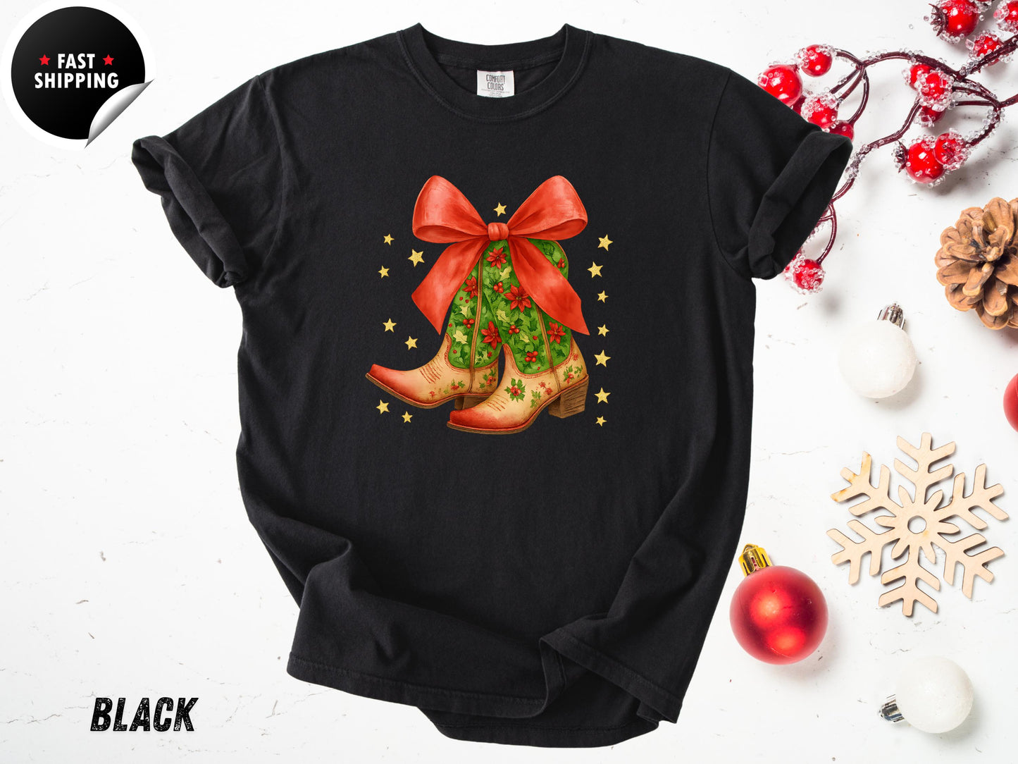 Christmas Coquette Cowboy Boots T-Shirt: Western Holiday Shirt