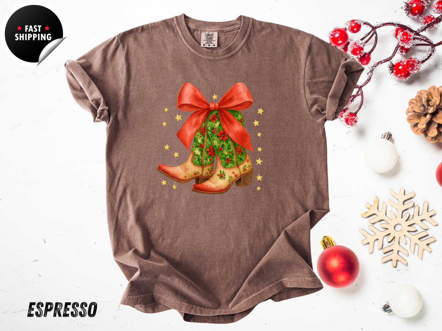 Christmas Coquette Cowboy Boots T-Shirt: Western Holiday Shirt