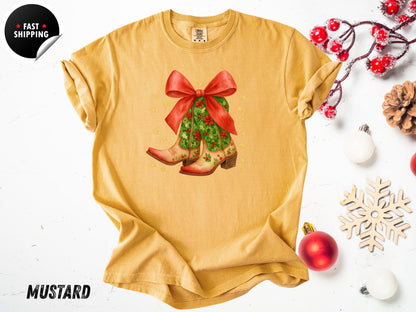 Christmas Coquette Cowboy Boots T-Shirt: Western Holiday Shirt