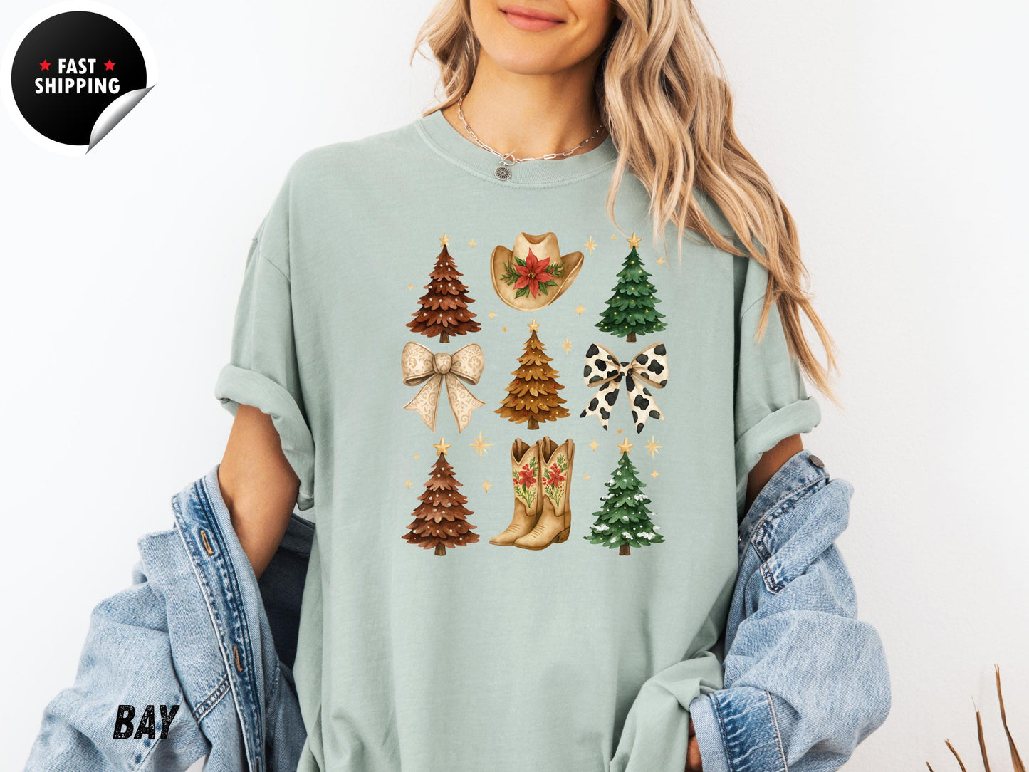 Western Christmas T-Shirt: Cowgirl Holiday Tee, Boots, Hat & Trees