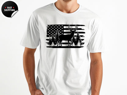 Patriotic Deer USA Flag T-Shirt: Vintage Hunting Graphic Tee