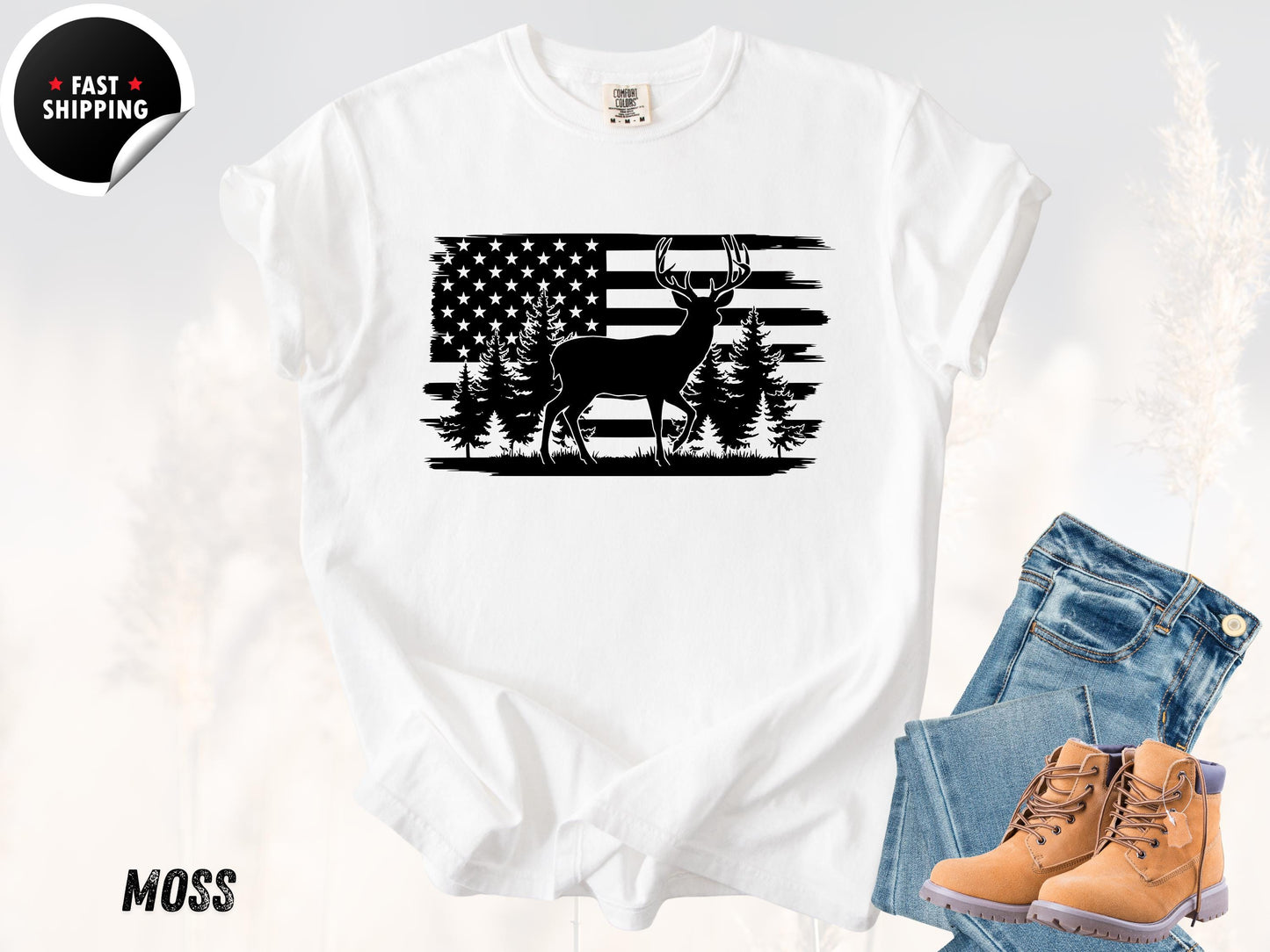 Patriotic Deer USA Flag T-Shirt: Vintage Hunting Graphic Tee