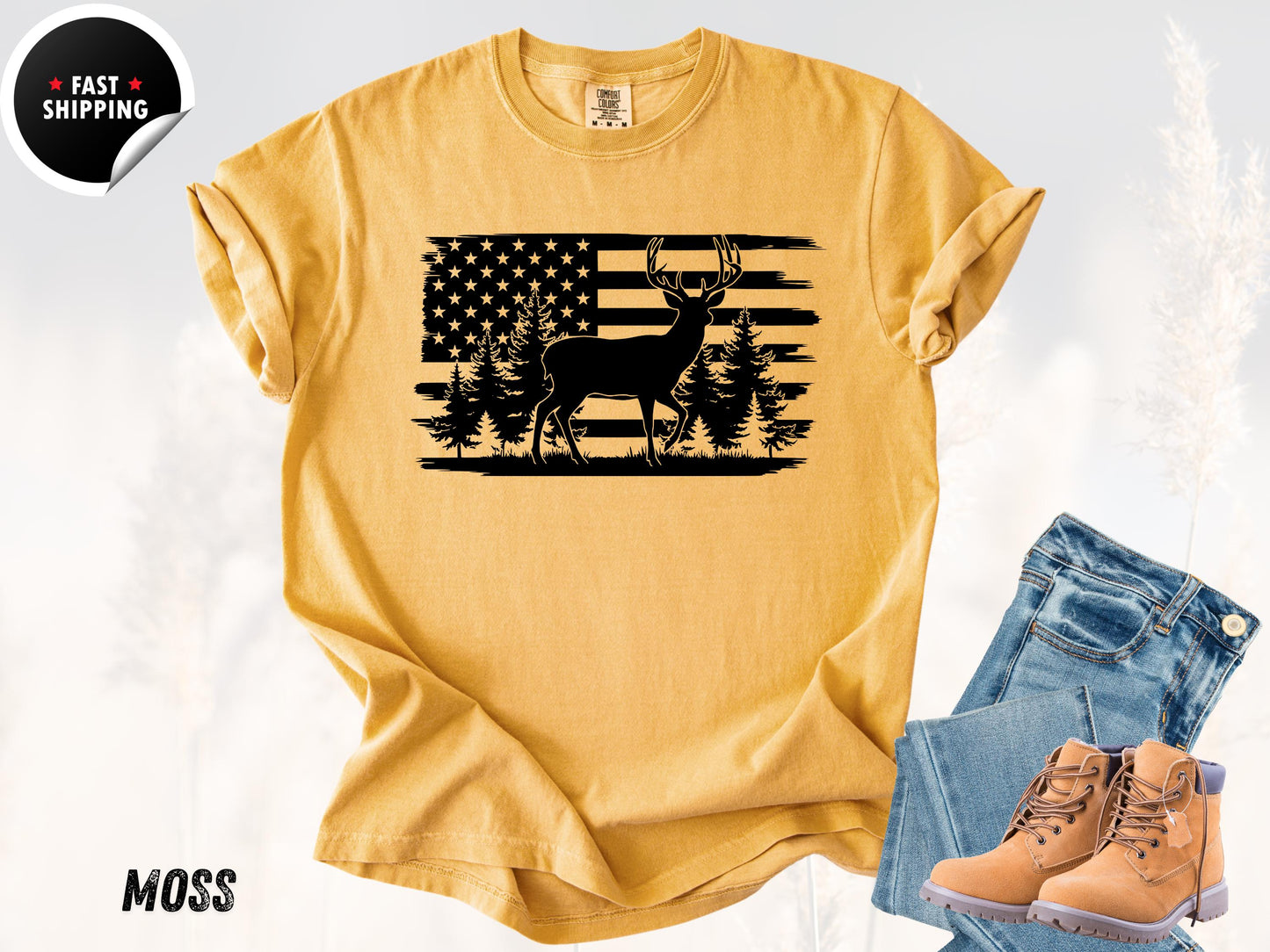 Patriotic Deer USA Flag T-Shirt: Vintage Hunting Graphic Tee