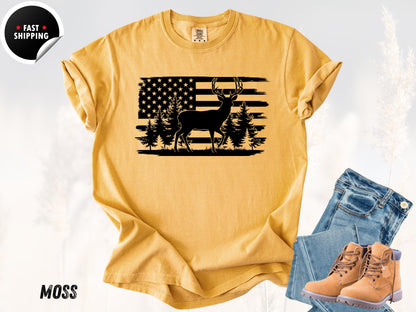 Patriotic Deer USA Flag T-Shirt: Vintage Hunting Graphic Tee
