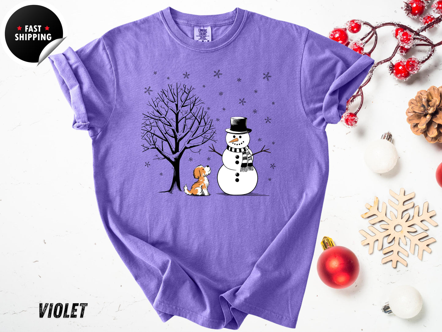 Comfort Colors® Cute Winter Holiday Shirt, Xmas Tree Tee, Snowman Dog Christmas Shirt 2025, Funny Snowman Gift Shirt for Her