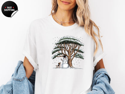 Comfort Colors® Snowman And Dog Shirt, Christmas Crewneck, Winter Holiday Shirt, Xmas Snowman Shirt, Xmas Tree Shirt, Cute Snowman Shirt