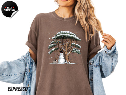 Comfort Colors® Snowman And Dog Shirt, Christmas Crewneck, Winter Holiday Shirt, Xmas Snowman Shirt, Xmas Tree Shirt, Cute Snowman Shirt