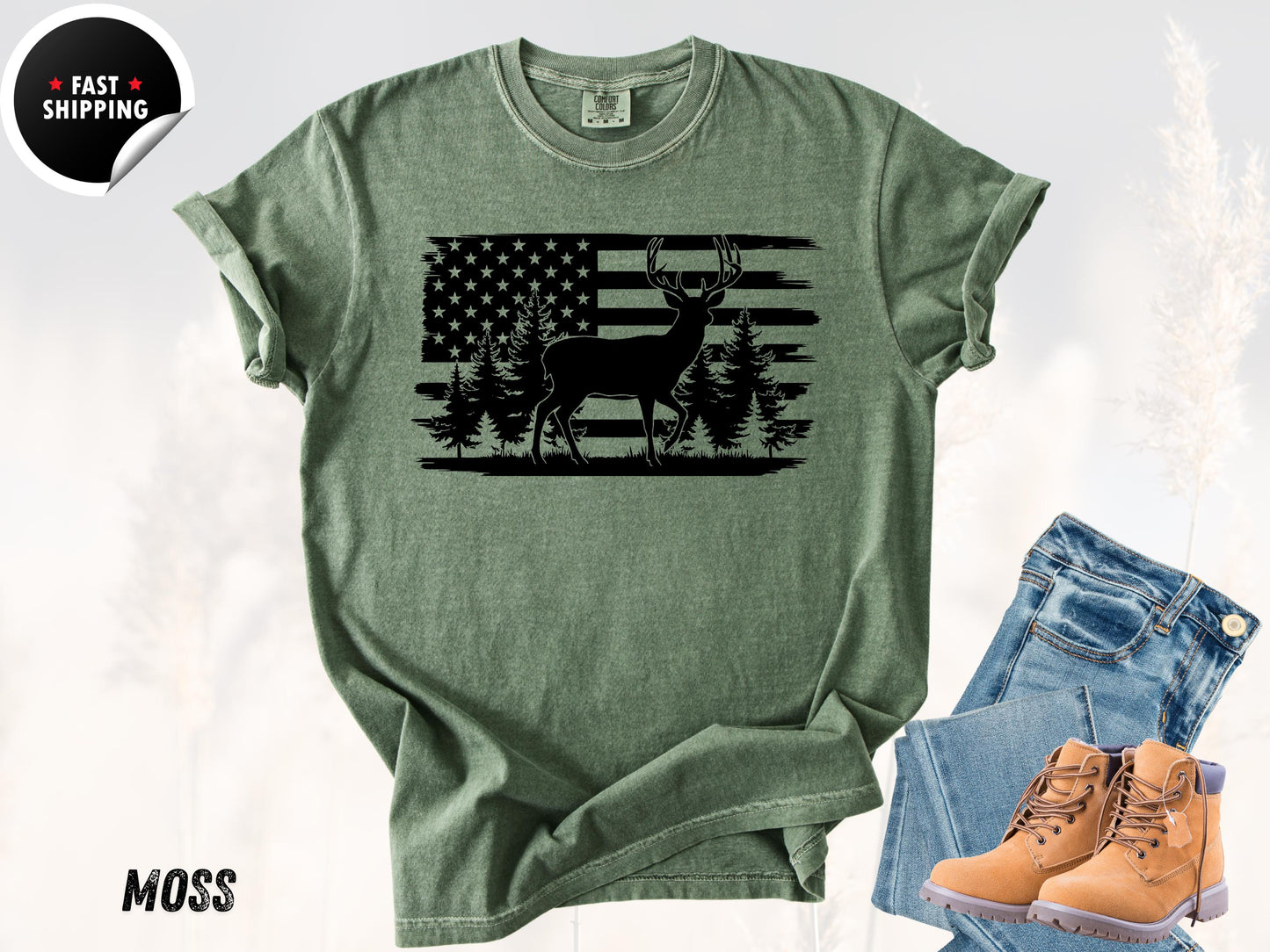 Patriotic Deer USA Flag T-Shirt: Vintage Hunting Graphic Tee