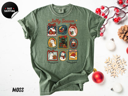 Retro Christmas T-Shirt: Jolly Season, Xmas Cat, Holiday Graphic Tee