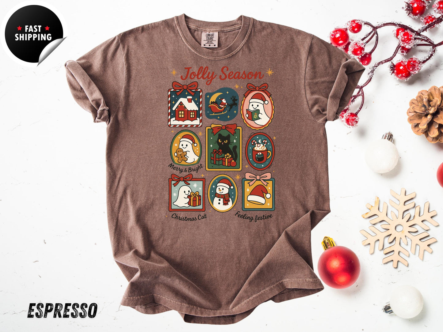Retro Christmas T-Shirt: Jolly Season, Xmas Cat, Holiday Graphic Tee