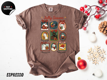 Retro Christmas T-Shirt: Jolly Season, Xmas Cat, Holiday Graphic Tee
