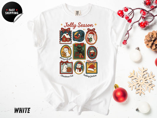 Retro Christmas T-Shirt: Jolly Season, Xmas Cat, Holiday Graphic Tee