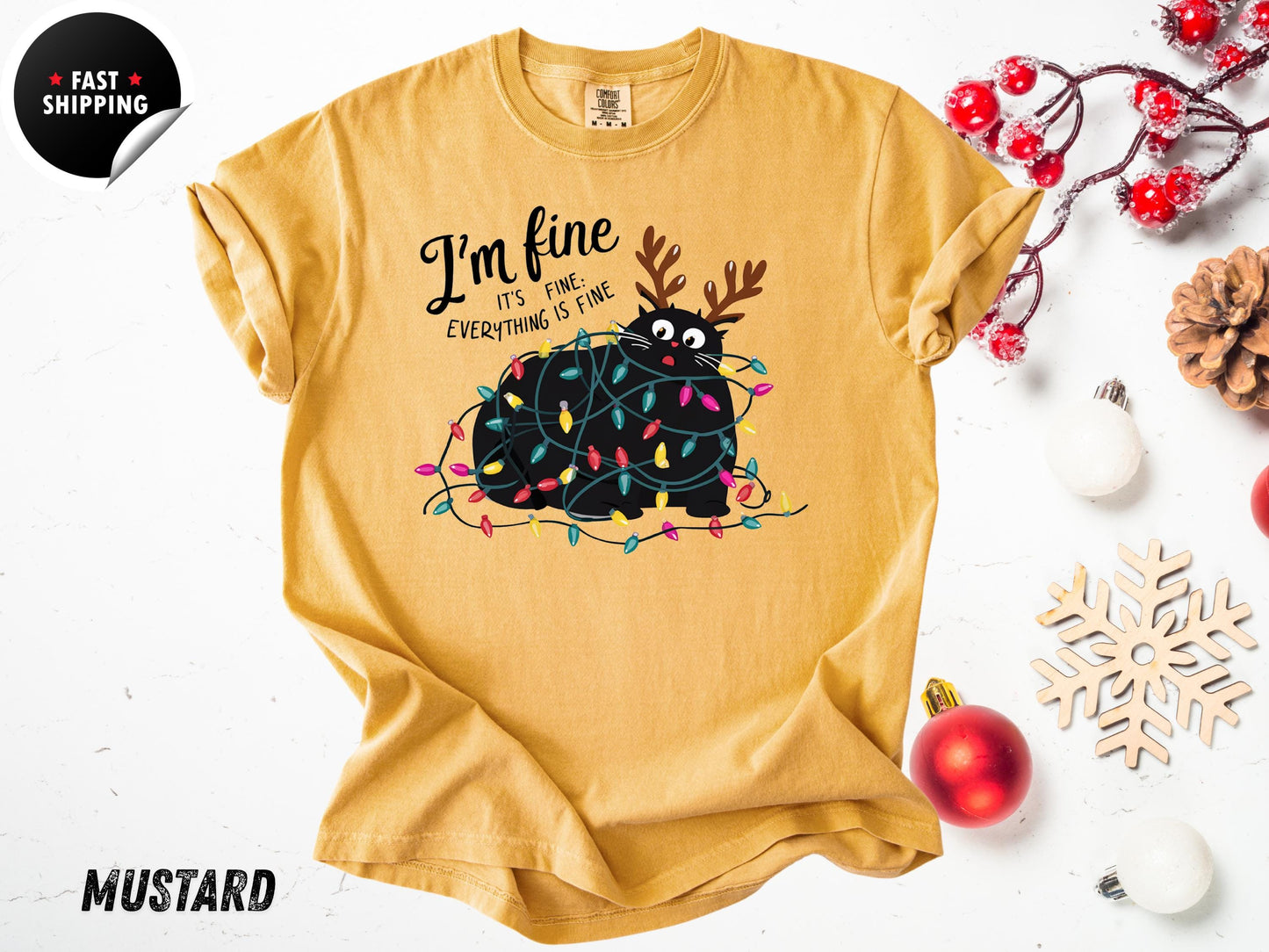 Funny Christmas Cat T-Shirt: Tangled Lights, Holiday Graphic Tee