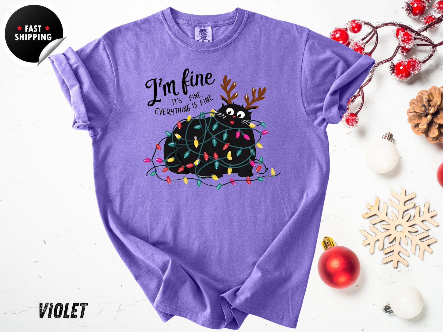 Funny Christmas Cat T-Shirt: Tangled Lights, Holiday Graphic Tee