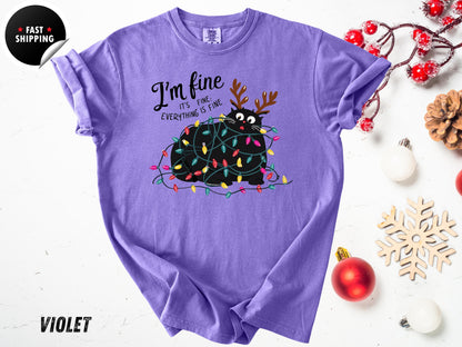 Funny Christmas Cat T-Shirt: Tangled Lights, Holiday Graphic Tee