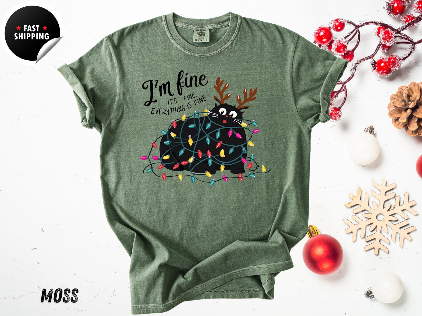 Funny Christmas Cat T-Shirt: Tangled Lights, Holiday Graphic Tee