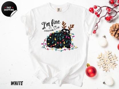 Funny Christmas Cat T-Shirt: Tangled Lights, Holiday Graphic Tee