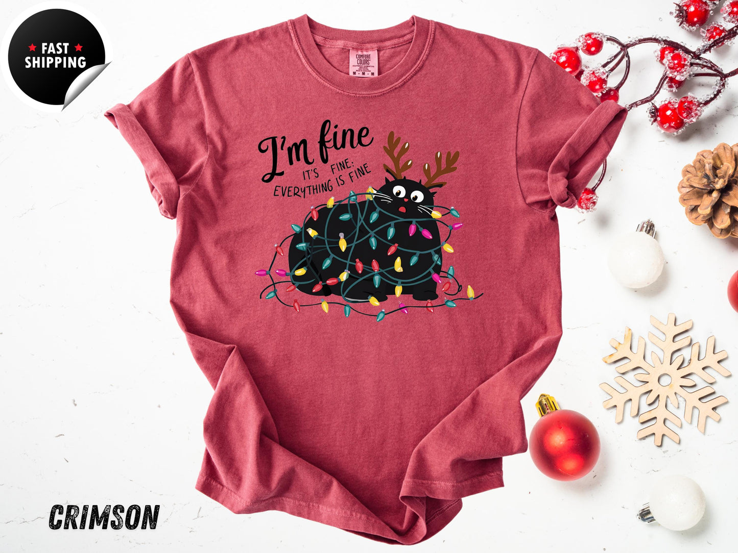 Funny Christmas Cat T-Shirt: Tangled Lights, Holiday Graphic Tee