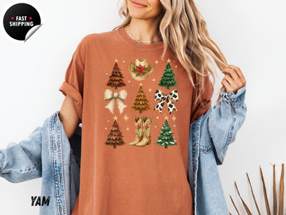 Western Christmas T-Shirt: Cowgirl Holiday Tee, Boots, Hat & Trees